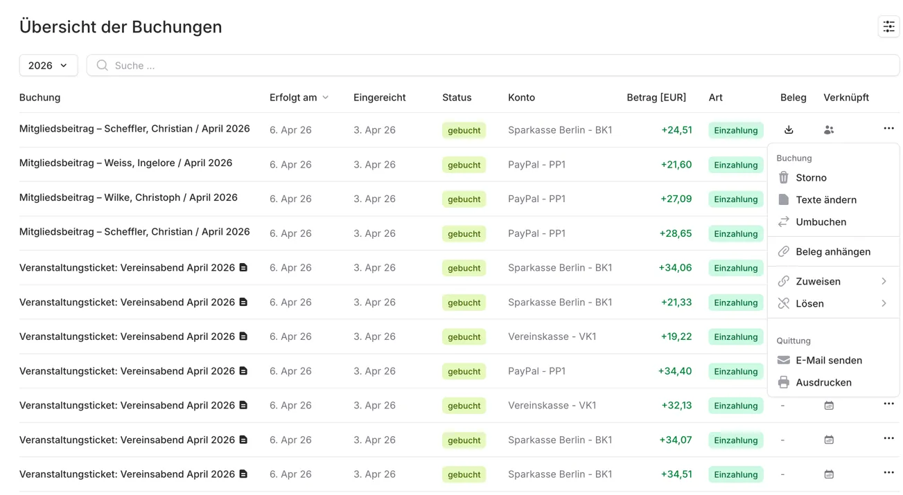 Kontextmenü für verbuchte Buchungen