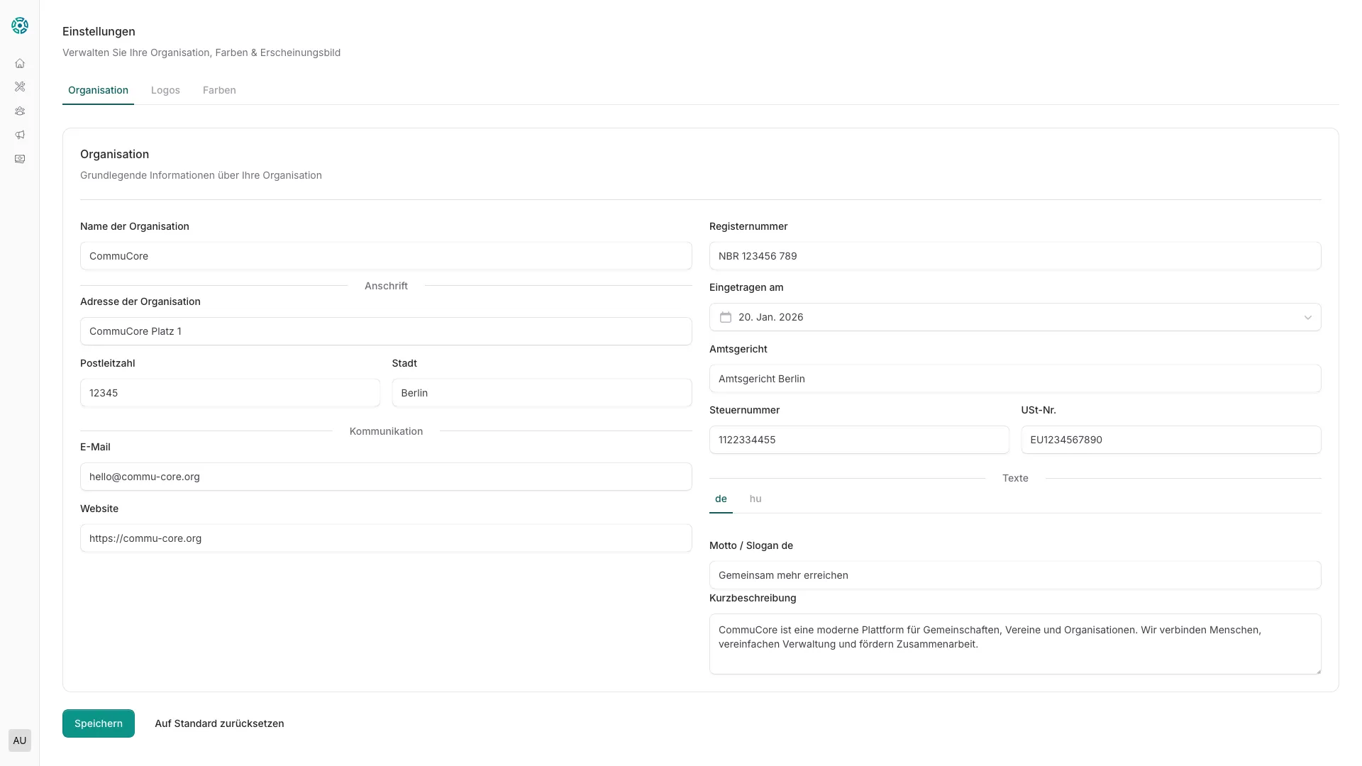 Einstellungen – Organisation