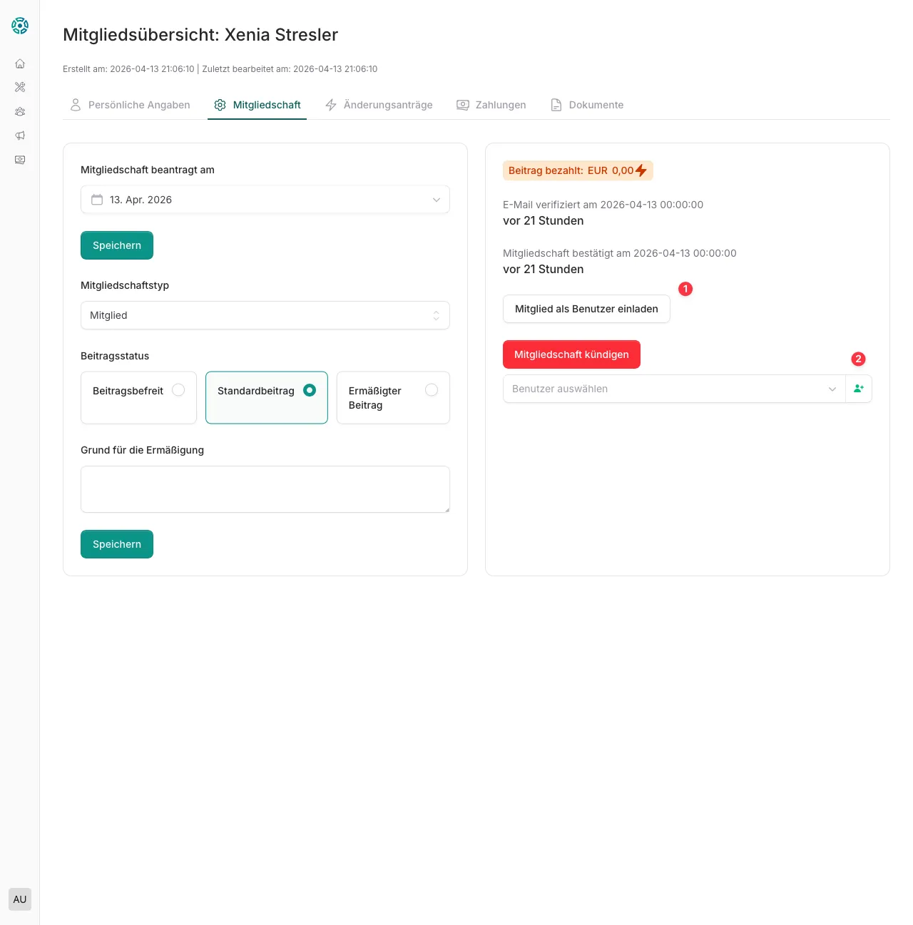 Tab Mitgliedschaft mit Einladungsoption