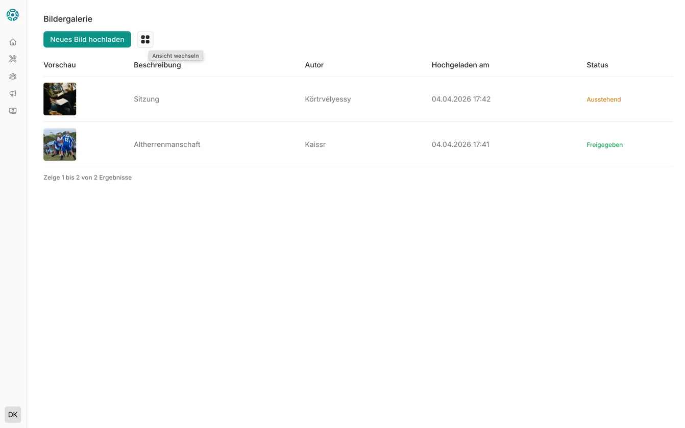 Tabellarische Listenansicht der Bildersammlung