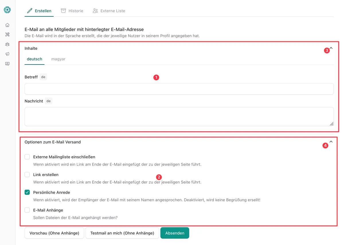 Eingabemaske für Rundmails
