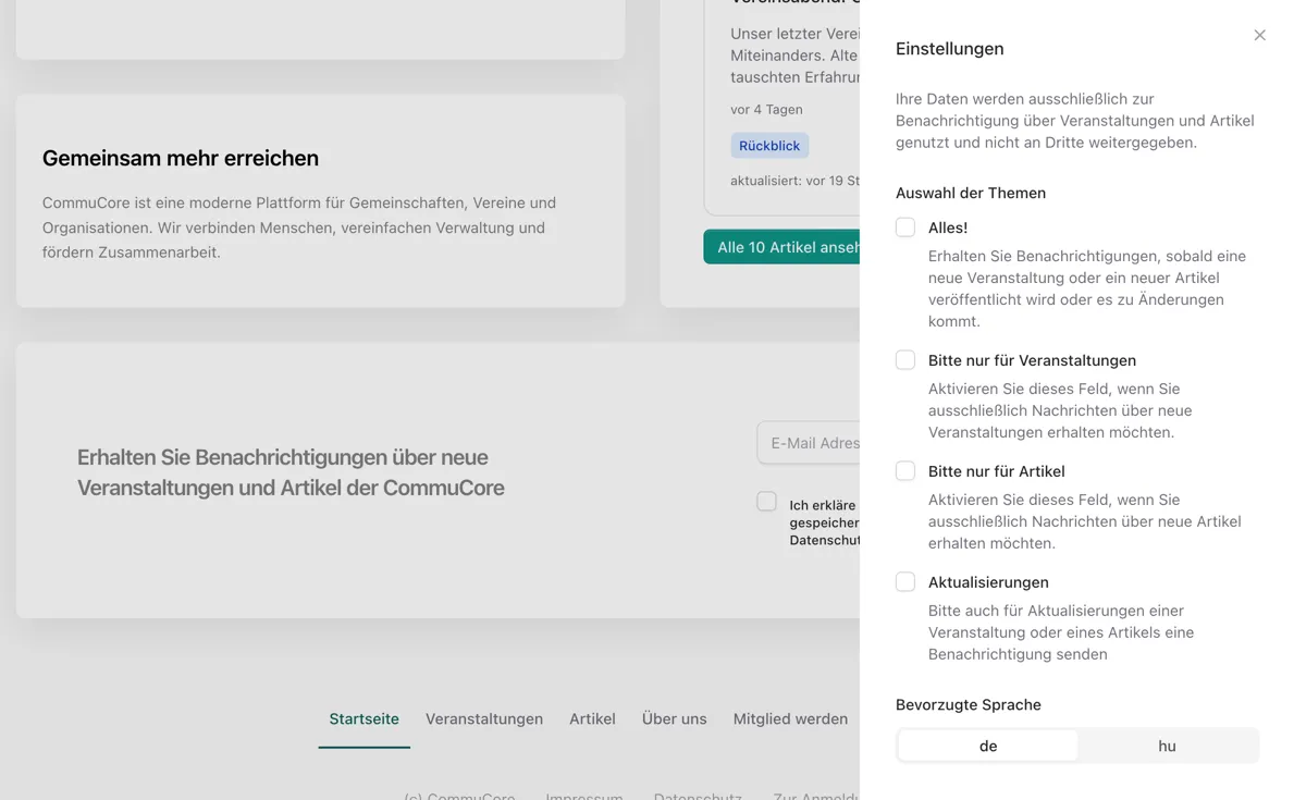 Optionen zur Auswahl der Benachrichtigungsthemen
